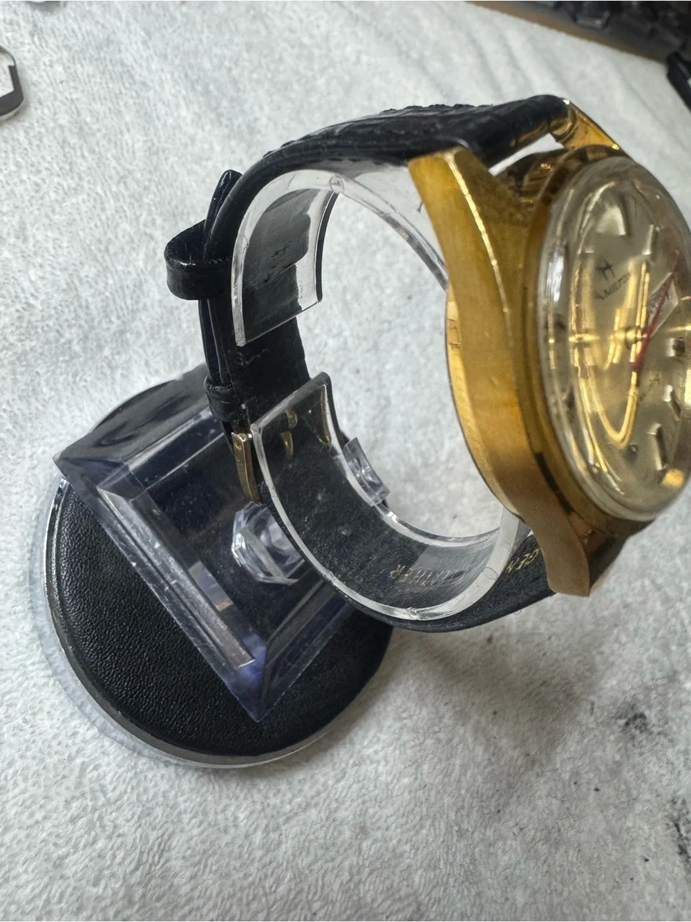 #203 Hamilton Gold-Tone Men's Watch with Black Strap and Red Seconds Hand